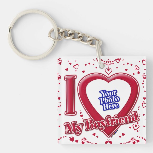 I Love My Boyfriend Photo Red Hearts Keychain (Front)