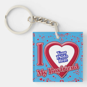 I Love My Boyfriend Photo Red Hearts Teal Keychain