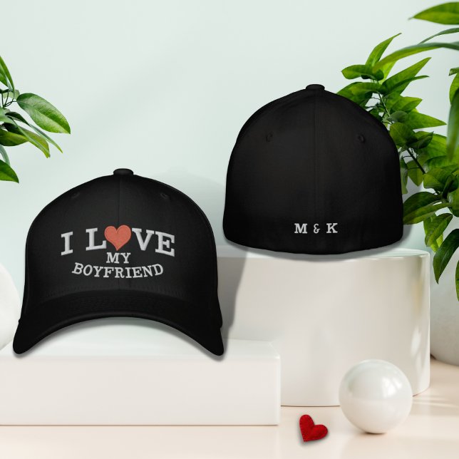 I Love My Boyfriend Red Heart Monogram Custom  Embroidered Hat (Creator Uploaded)