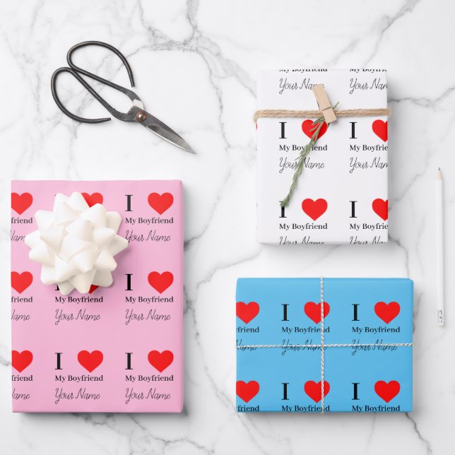 I love My Boyfriend & Red Heart Personalized  Wrapping Paper Sheet (Front)