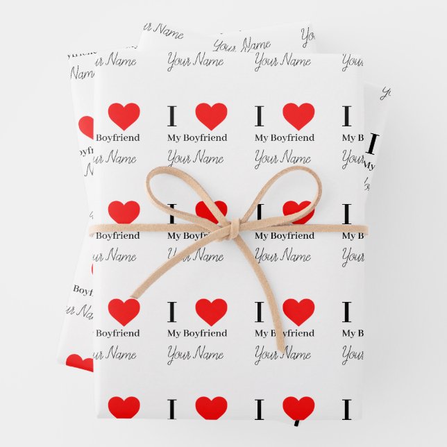 I love My Boyfriend & Red Heart Personalized  Wrapping Paper Sheet (In situ)