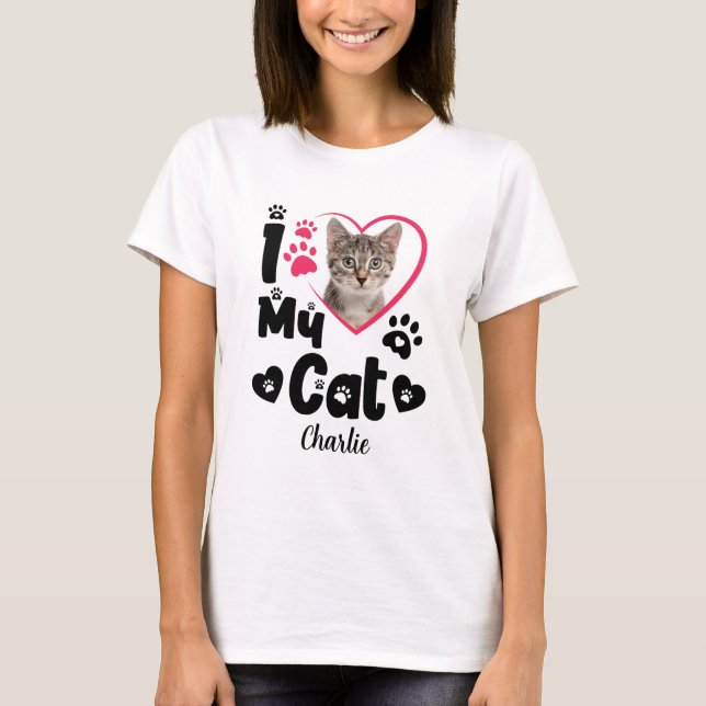 I Love My Cat Heart Personalized Photo & Name T-Shirt (Front)