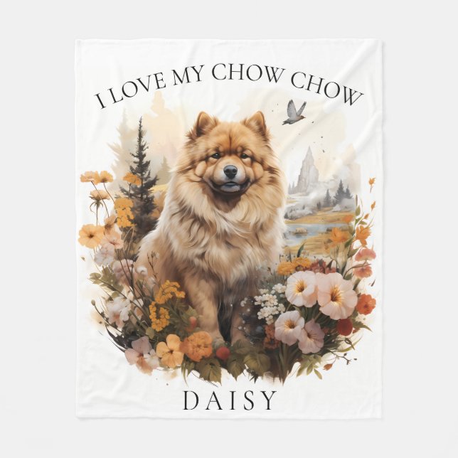I Love My Chow Chow Floral Dog Portrait Fleece Blanket (Front)
