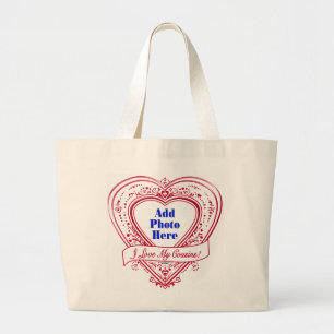 I Love My Cousins! Photo Red Hearts Large Tote Bag