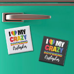 I love my crazy boyfriend rainbow pride lgbtq name magnet<br><div class="desc">This customizable LGBTQ Pride fridge magnet, which reads "I Love My Crazy Boyfriend" in a bold font of rainbow colours, is a great way to celebrate love. For a special touch, put your boyfriend's name to make it more personalized. This magnet is fully customizable and a great way to express...</div>