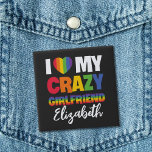 I love my crazy girlfriend rainbow pride lgbt name 2 inch square button<br><div class="desc">Celebrate love with this customizable LGBTQ Pride button featuring the caption "I Love My Crazy Girlfriend" in bold rainbow-coloured fonts. Personalize it by adding your girlfriend's name for a unique touch. Spread love, positivity, and inclusivity with this customizable button, a perfect way to showcase your support for the LGBTQ community....</div>