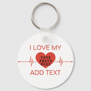 I Love My Custom Text And Photo Red heartbeat Keychain