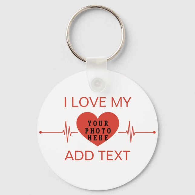 I Love My Custom Text And Photo Red heartbeat Keychain (Front)
