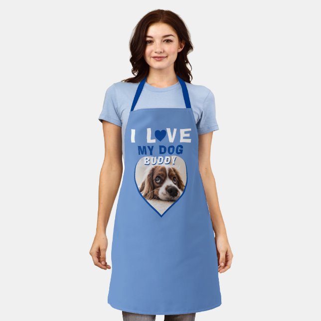 I love my Dog Blue Heart Photo Pet Name Apron (Worn)