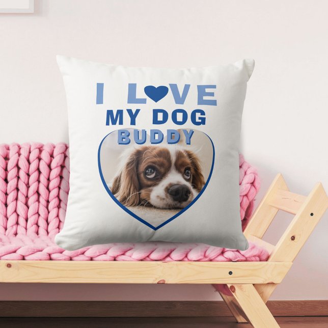 I love my Dog Blue Heart Photo Pet Name Throw Pillow (Creator Uploaded)