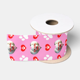 I Love My Dog Custom Photo Pattern Pink Satin Ribbon