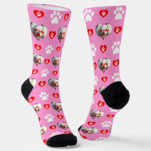 I Love My Dog Custom Photo Pattern Pink Socks