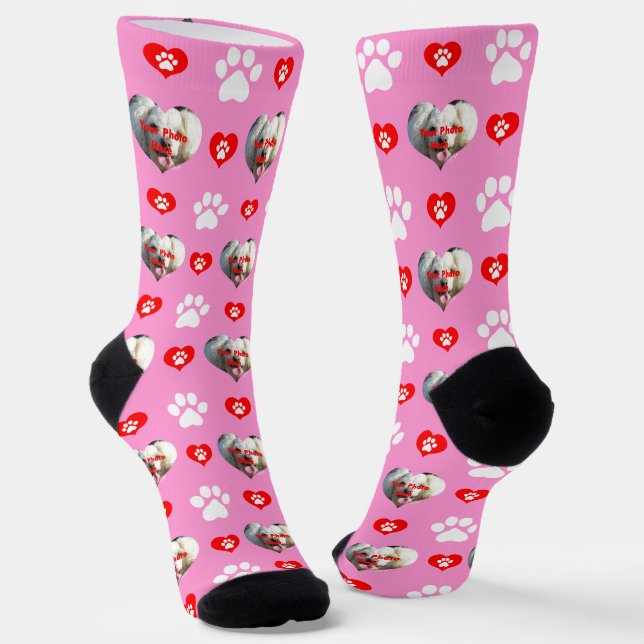 I Love My Dog Custom Photo Pattern Pink Socks (Angled)
