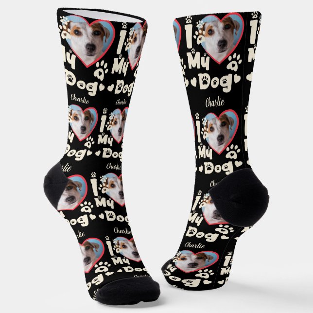 I Love My Dog Heart Personalized Photo & Name Socks (Angled)