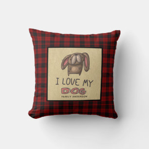 I LOVE MY DOG Personalized Cute Buffalo Plaid Throw Pillow