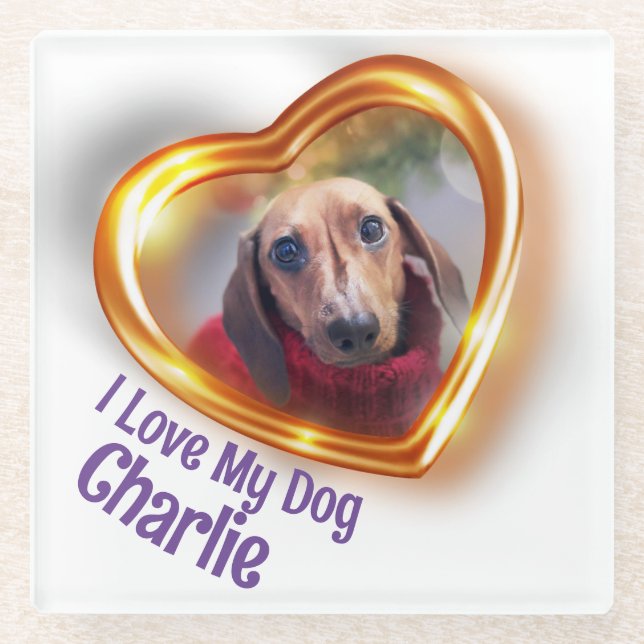 I Love My Dog Pet Glowing Heart Glass Coaster (Front)