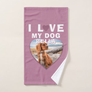 I love my Dog Pink Heart Pet Name Photo Bath Towel Set