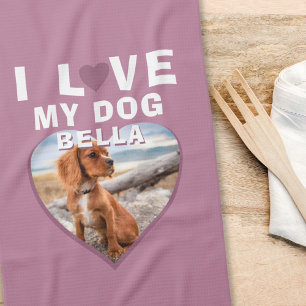 I love my Dog Pink Heart Pet Name Photo Kitchen Towel