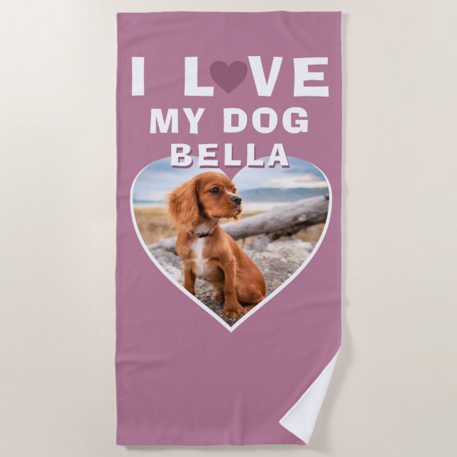 I love my Dog Pink Heart Photo Dog Name Beach Towel (Front)