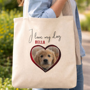 I love my Dog Red Heart Pet Photo Name  Tote Bag