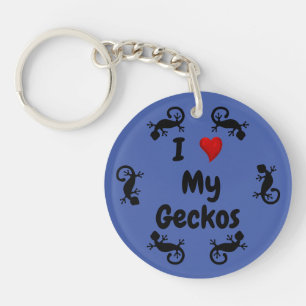 I Love my Geckos - Black Gecko Lizard on Blue Keychain