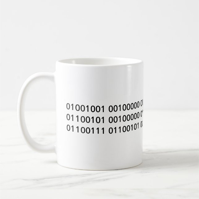 I love my geek! in binary code coffee mug (Left)