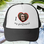 I Love My Girlfriend Boyfriend Custom Photo Text Trucker Hat<br><div class="desc">Upload a photo, customize the text, and easily create your personalized baseball hat. Click CUSTOMIZE FURTHER to change the text colour. You can TRANSFER this DESIGN on other Zazzle products and adjust it to fit most of the Zazzle items. Standard Studio designs are made in high-resolution vector graphics for a...</div>