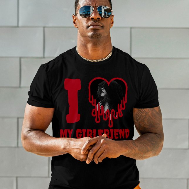 I Love My Girlfriend Gothic Dripping Red Heart T-Shirt (Black t-shirt says 'I love my girlfriend' in dripping red font. Dripping heart photo template.)