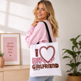 I Love My Girlfriend Heart Brown Pink Tote Bag