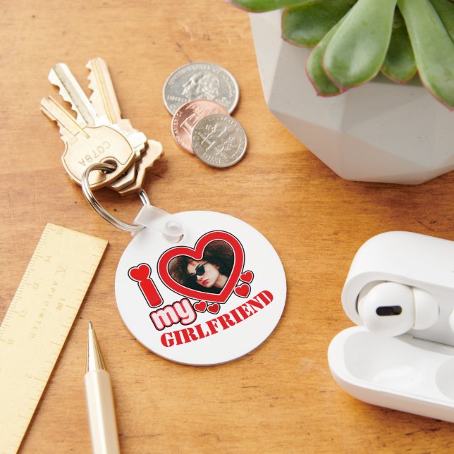 I Love My Girlfriend Personalized Photo Text Keychain (Desk)