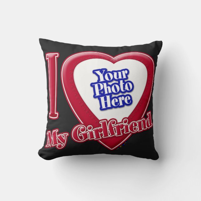 I Love My Girlfriend Photo Red Heart Black Throw Pillow (Front)