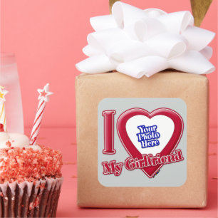 I Love My Girlfriend Photo Red Heart Grey Square Sticker