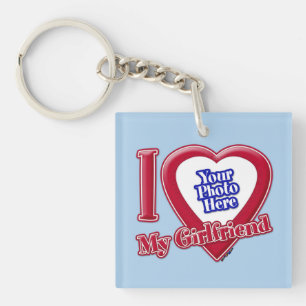 I Love My Girlfriend Photo Red Heart Light Blue Keychain