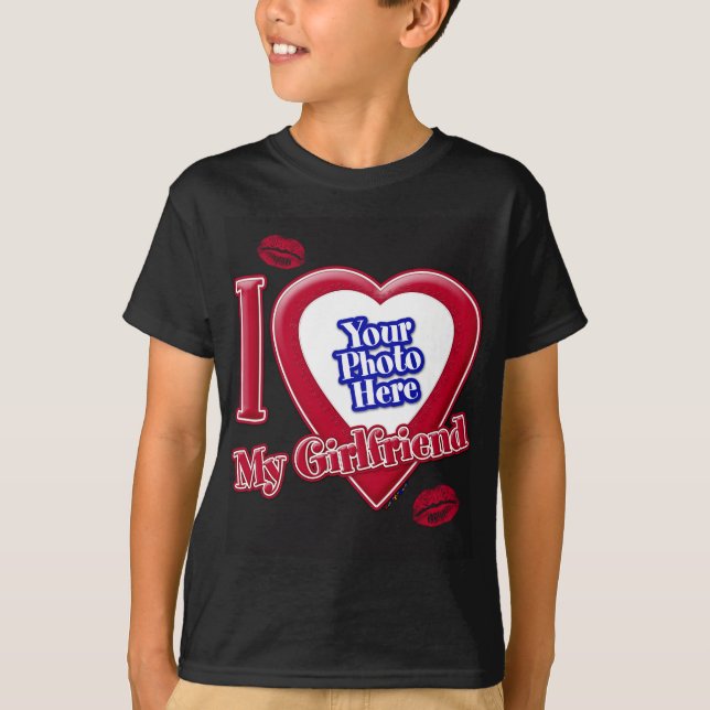 I Love My Girlfriend Photo Red Heart Lips Black T- T-Shirt (Front)