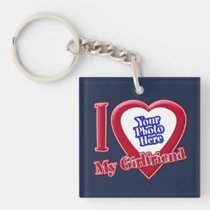 I Love My Girlfriend Photo Red Heart Navy Blue Keychain