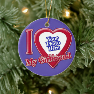 I Love My Girlfriend Photo Red Heart Purple Ceramic Ornament