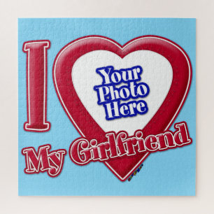 I Love My Girlfriend Photo Red Heart Turquoise Jigsaw Puzzle
