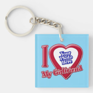 I Love My Girlfriend Photo Red Heart Turquoise Keychain