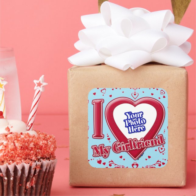 I Love My Girlfriend Photo Red Hearts Blue Horizon Square Sticker (Party)