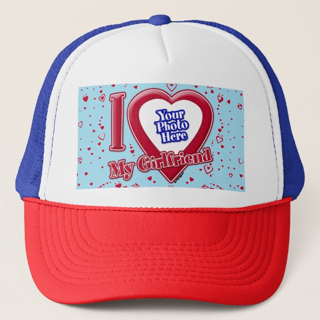 I Love My Girlfriend Photo Red Hearts Blue Horizon Trucker Hat (Front)