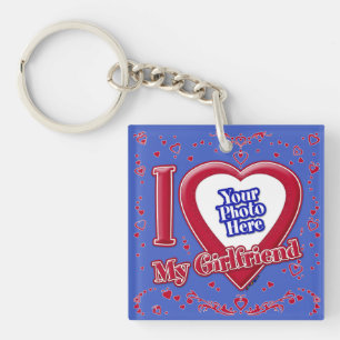 I Love My Girlfriend Photo Red Hearts Deep Royal B Keychain