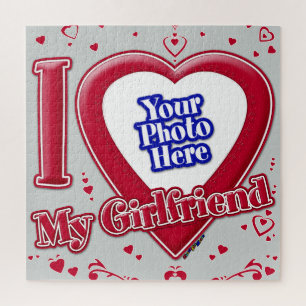 I Love My Girlfriend Photo Red Hearts Grey Jigsaw Puzzle