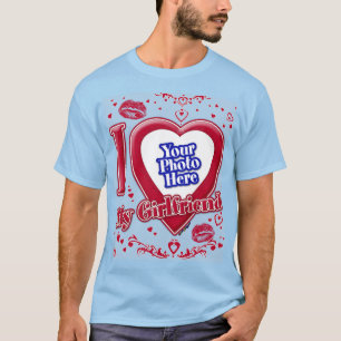 I Love My Girlfriend Photo Red Hearts Light Blue T-Shirt