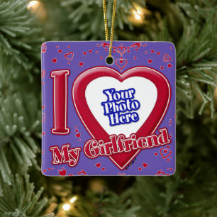 I Love My Girlfriend Photo Red Hearts Purple Ceramic Ornament