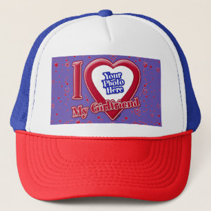 I Love My Girlfriend Photo Red Hearts Purple Trucker Hat
