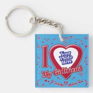 I Love My Girlfriend Photo Red Hearts Teal Keychain