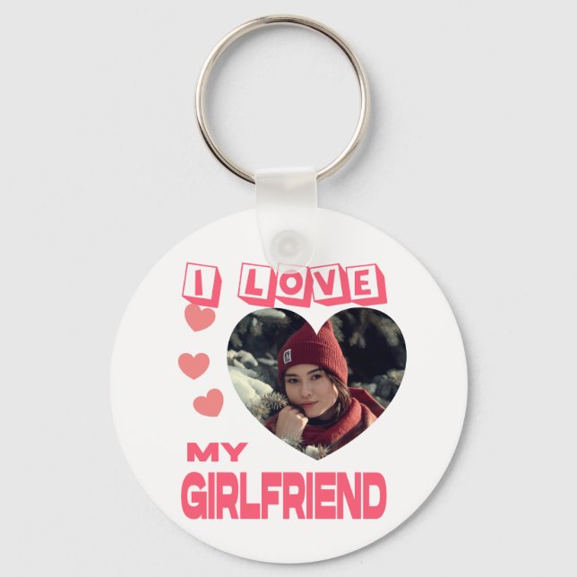 I Love My Girlfriend Pink Heart Custom Photo Keychain (Front)