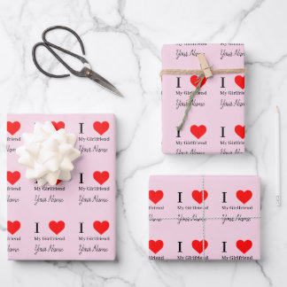 I love My Girlfriend & Red Heart Personalized Pink Wrapping Paper Sheet