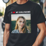 I Love My Girlfriend Sporty Minimalist Cute Photo  T-Shirt<br><div class="desc">Great present for your boyfriend! Custom photo T-shirt saying I LOVE MY GIRLFRIEND in sporty minimalist typography and a red heart with your square picture below. Simple and easy customization!</div>