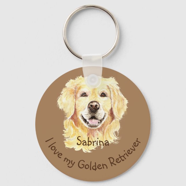 I Love my Golden Retriever Custom Name Dog Keychain (Front)